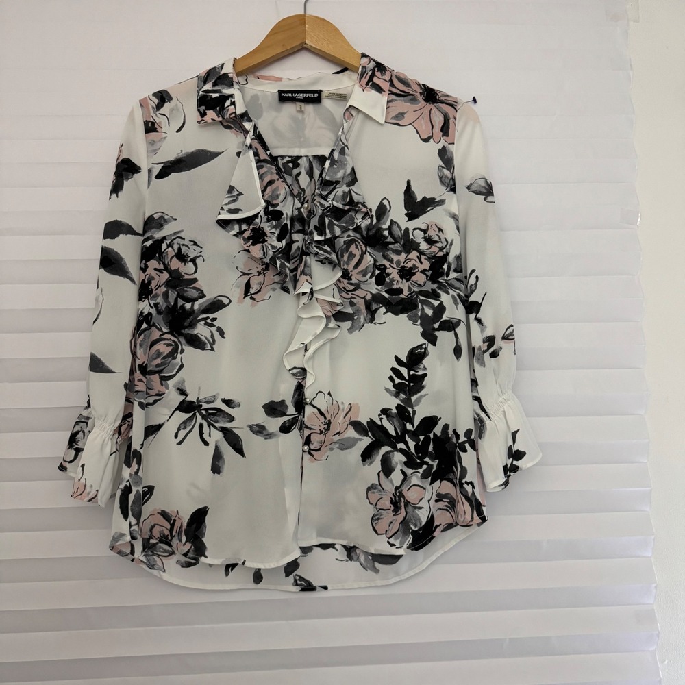 Karl Lagerfeld Paris Floral Ruffle Blouse White Pink Black Pearl Accent Medium